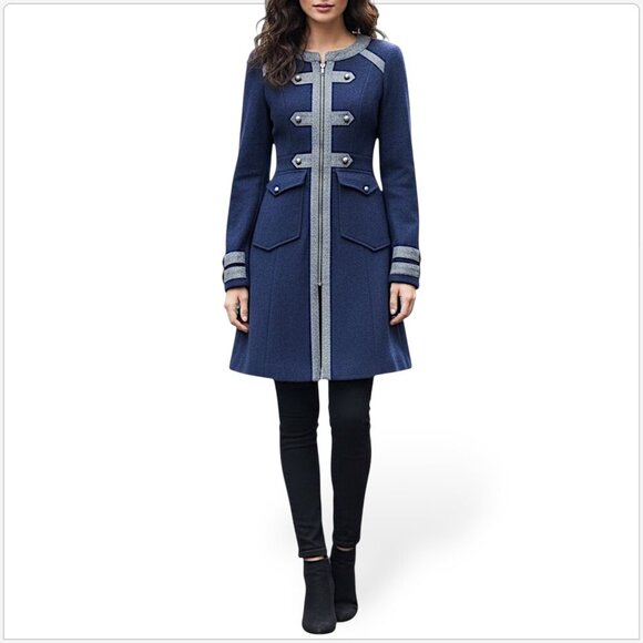 Free People Jackets & Blazers - Free People Maxi Military Wool Coat Navy Gray Tweed Button Trim Winter Boho 2